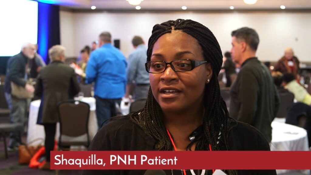 thumbnail for a patient conference promotional video featuring a person with PNH sharing the benefits of attending