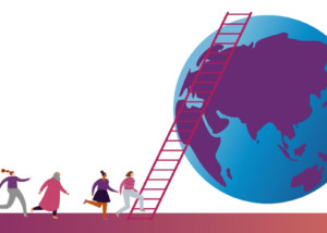 a thumbnail of animated world bank video showing women entrepreneurs running to climb economic ladder developing countries globe