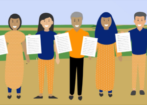 Video thumbnail of animated people holding white paper for a water, sanitation, and hygiene training video for global development program