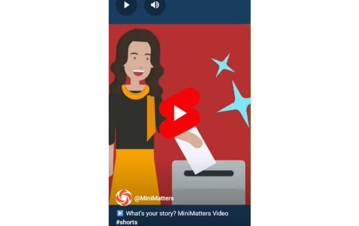 YouTube Shorts thumbnail for What’s your story MiniMatters video samples of animated woman voting and shorts red play icon 1088x612