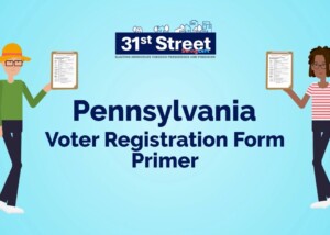 thumbnail of voter registration training video showing two animated people each holding blank PA forms