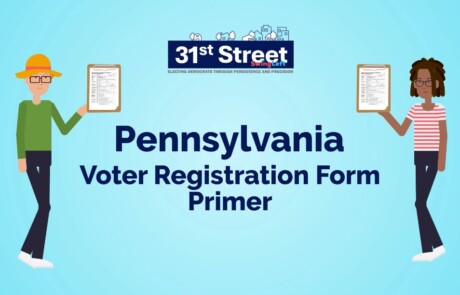 thumbnail of voter registration training video showing two animated people each holding blank PA forms