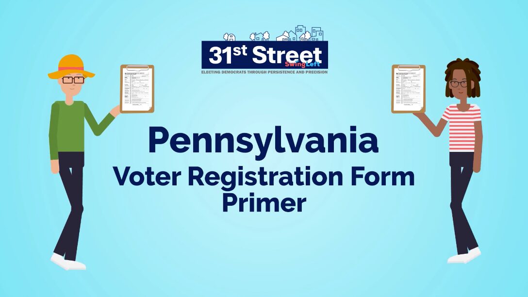 thumbnail of voter registration training video showing two animated people each holding blank PA forms