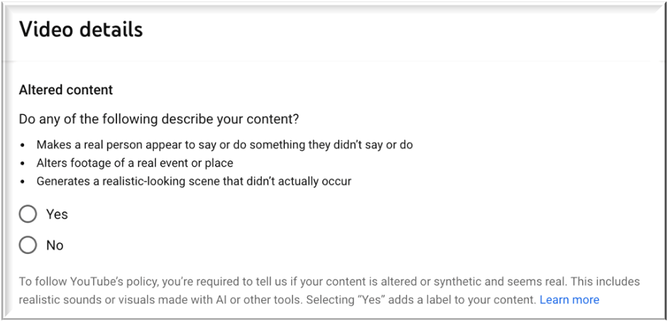 YouTube’s altered or synthetically generated content disclosure section in the video upload details form