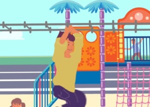 thumbnail for medical research fundraising vertical video showing animated child swinging on monkey bars