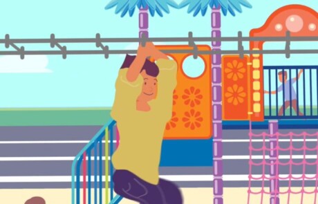 thumbnail for medical research fundraising vertical video showing animated child swinging on monkey bars