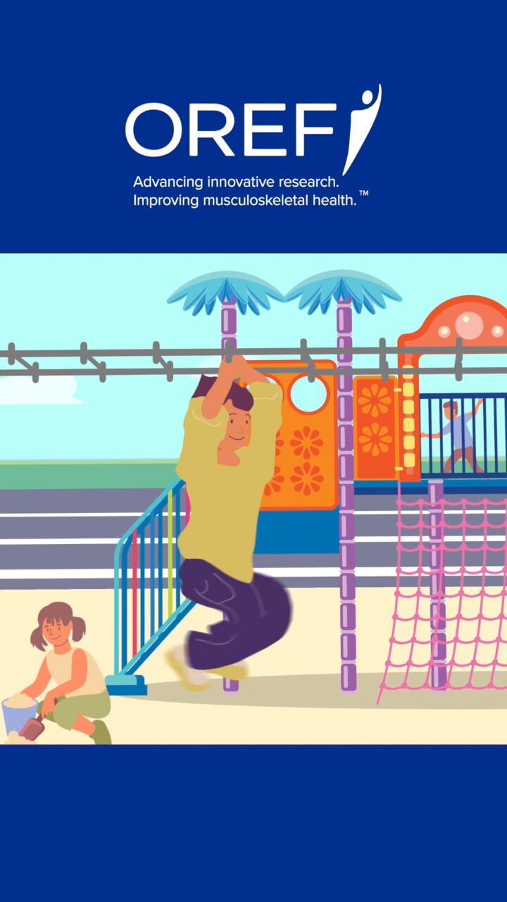 thumbnail for medical research fundraising vertical video showing animated child swinging on monkey bars