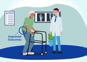 thumbnail for medical research fundraising video showing animated older male patient using walker with orthopaedist