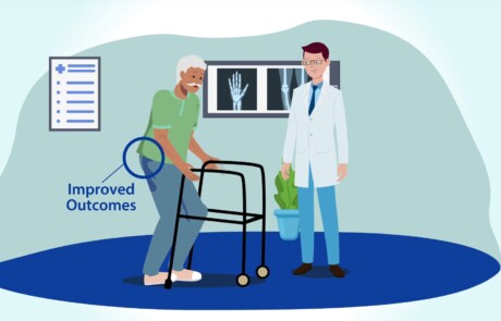 thumbnail for medical research fundraising video showing animated older male patient using walker with orthopaedist