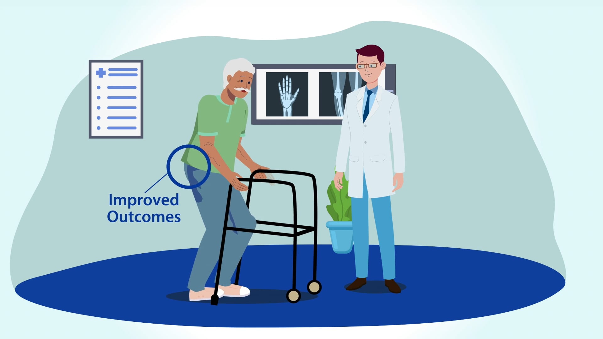 thumbnail for medical research fundraising video showing animated older male patient using walker with orthopaedist