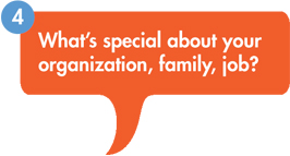 Question bubble with 4 - what's special about your organization, family, job?