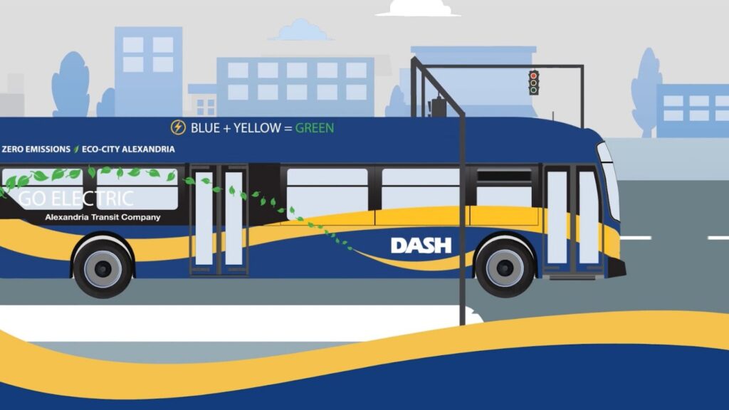 A blue animated bus on a road