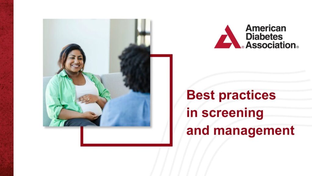 A graphic with a picture in the top left of 2 women facing each other and talking with text in the bottom right stating "Best practices in screening and management"