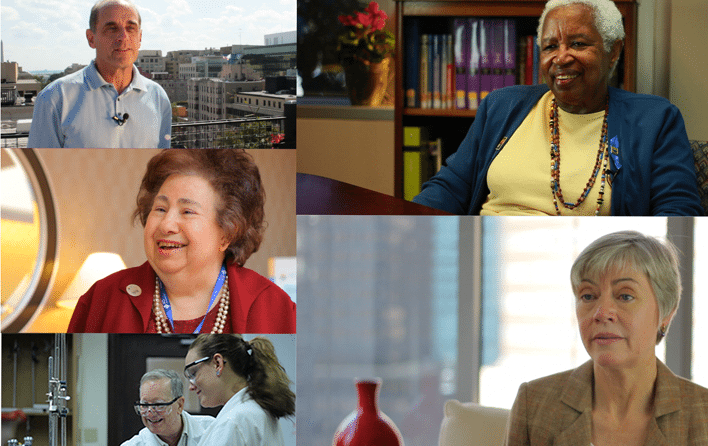 Collage of several donors and professionals speaking in interview settings, including adults and a lab scene.