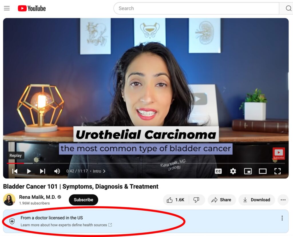 Example of YouTube Channel Context Label for Individual Licensed Healthcare Provider with red oval