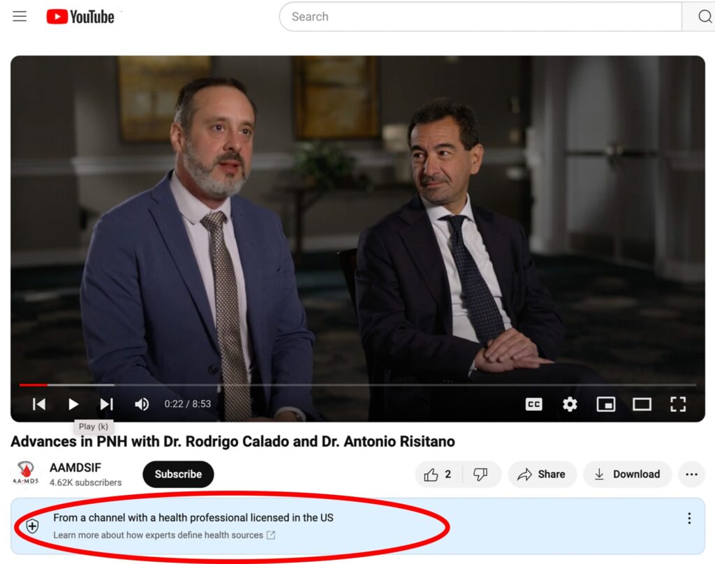 Example of YouTube Channel Context Label for Non-Accreditated Healthcare Organization with red oval