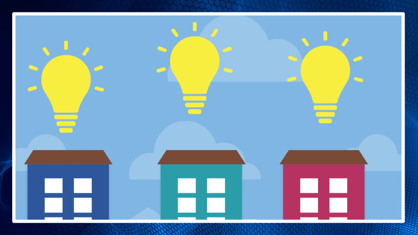 Illustration of lightbulb ideas above homes, representing innovation and community solutions