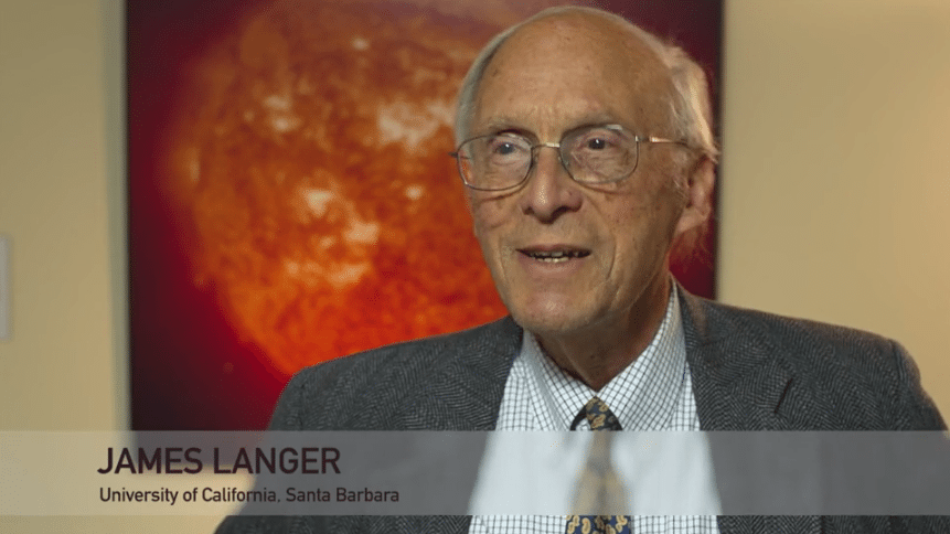 A video interview frame of James Langer from the University of California, Santa Barbara, with a large, orange circular artwork in the background.