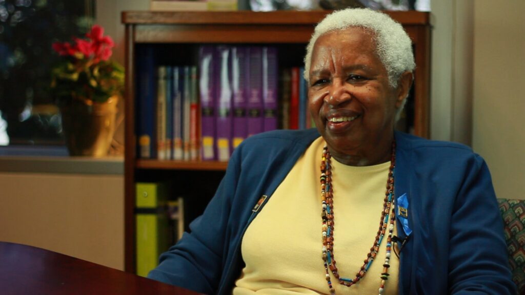Jeannette Brown smiling during a video interview