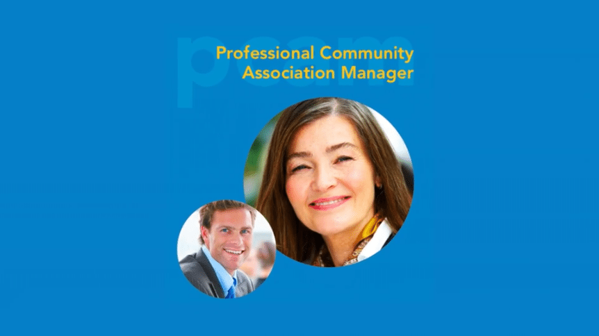 A promotional graphic for the Professional Community Association Manager (PCAM) designation featuring portraits of two smiling professionals on a blue background.