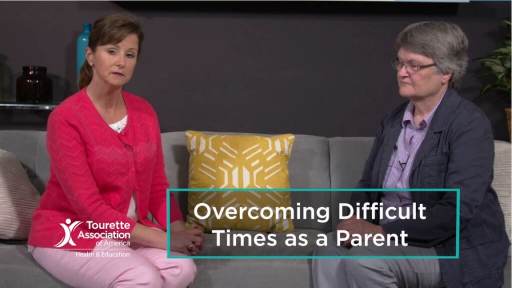 Parents discussing challenges raising children with Tourette syndrome in healthcare education video