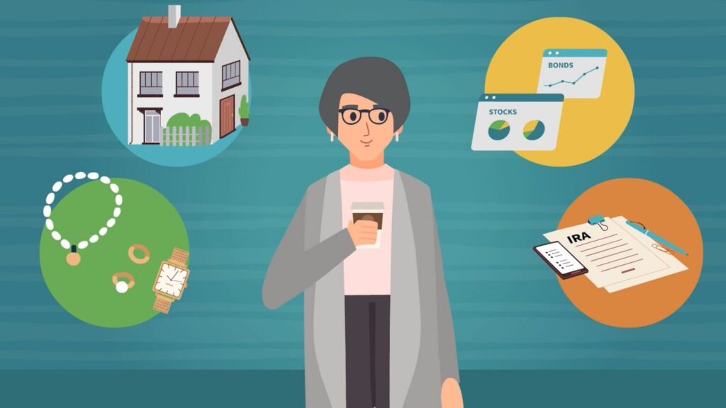A animated graphic of a women holding a phone in the middle, blue background and 2 icons around the women showing a house, jewelry, charts and a IRA document