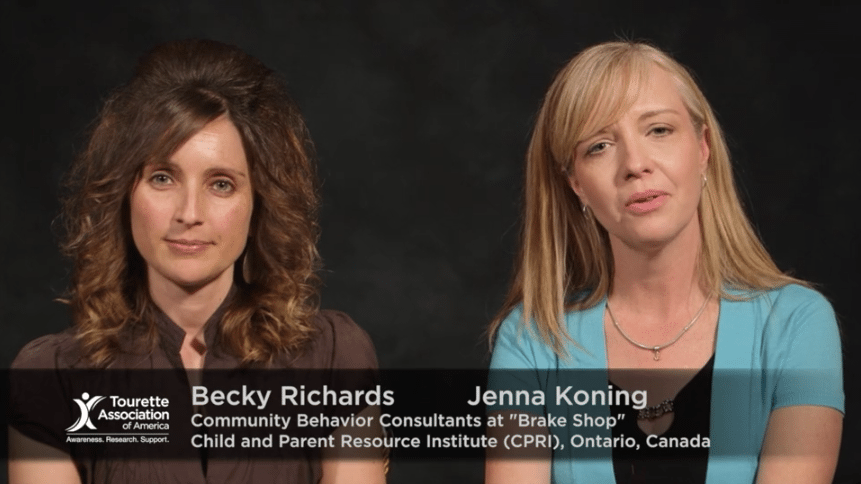 Two women, Becky Richards and Jenna Koning, speaking on camera in a Tourette Association interview.