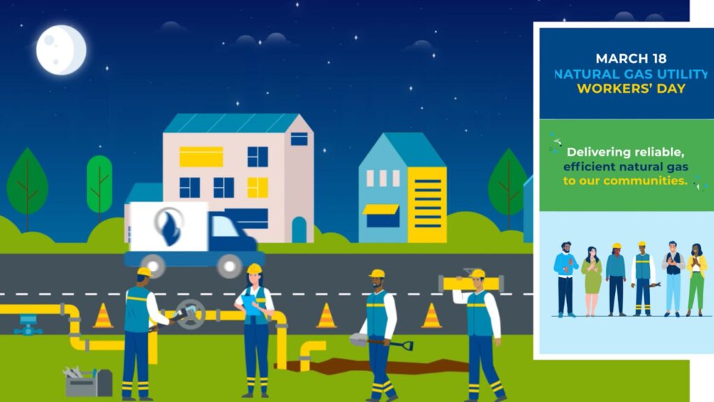 An animated graphic showing a construction crew standing on the side of a road installing pipes