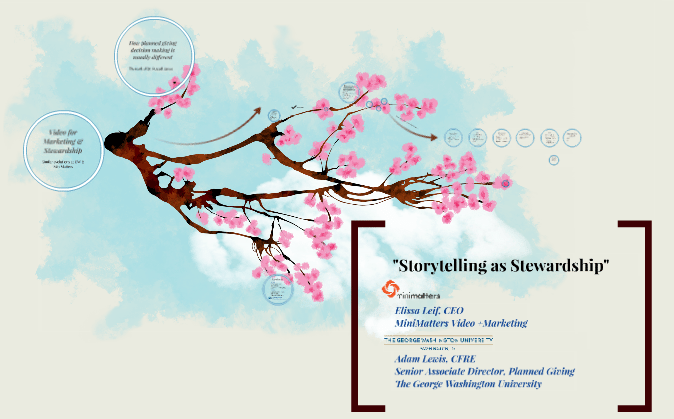 A presentation title slide titled Storytelling as Stewardship featuring a cherry blossom branch design and logos for miniMatters and The George Washington University.