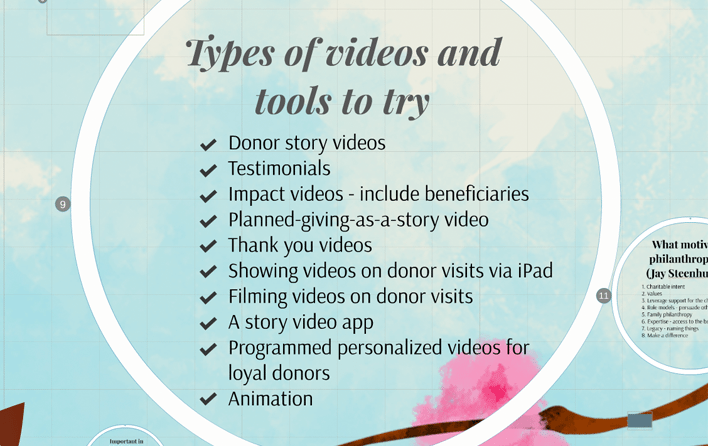 Slide listing types of donor videos and tools to try, including testimonials, impact videos, thank-you videos, and animation.