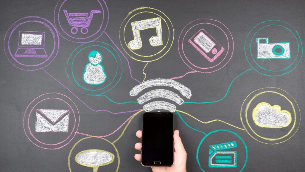 an animated graphic of a phone and various social media icons around it