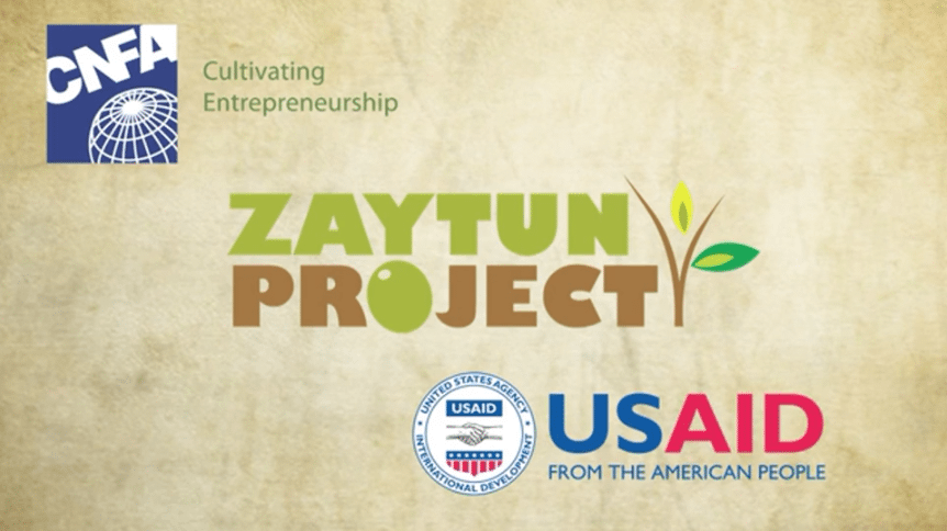 Logos for the CNFA, Zaytun Project, and USAID organized on a textured tan background.