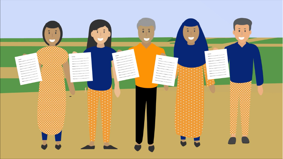 Video thumbnail of animated people holding white paper for a water, sanitation, and hygiene training video for global development program