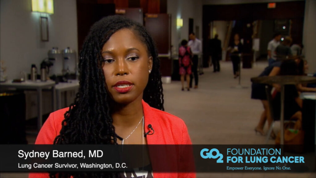 thumbnail featuring Sydney Barned, MD, a Black patient, in a lung cancer awareness video
