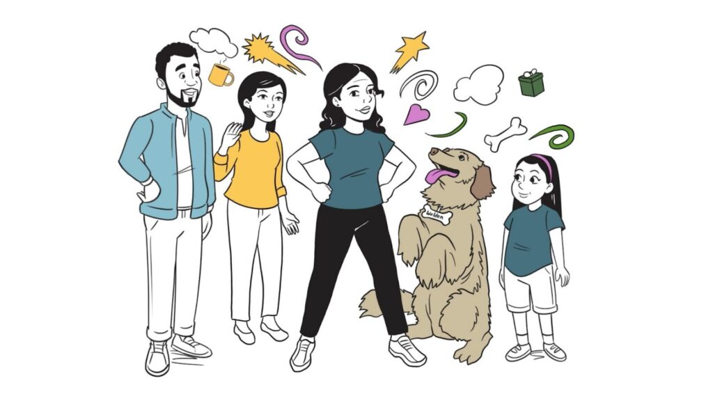 an animated graphic of multiple people standing in front of a white background with a dog jumping up