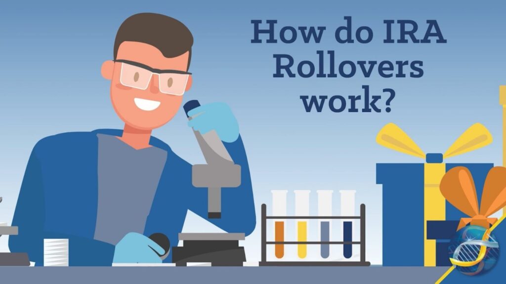 Animated illustration of a person using a microscope beside lab equipment and gift box graphics, with the text “How do IRA rollovers work?”