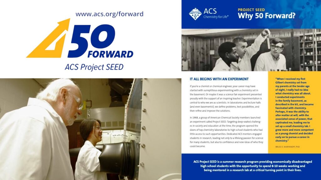 Promotional graphic for ACS Project SEED “50 Forward” showing a website link, historic lab imagery, and a student working with a scientist during a research program.