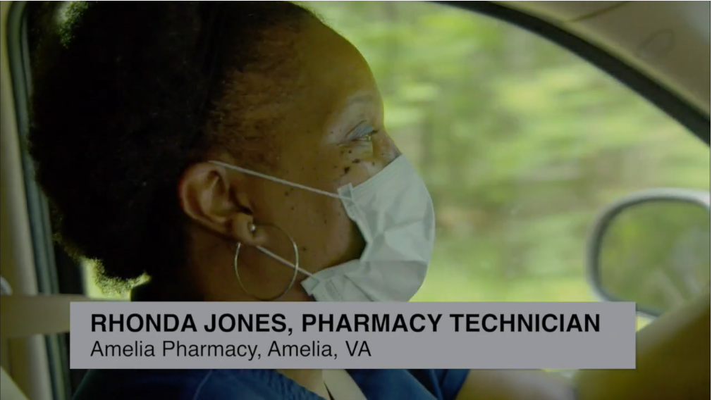 Pharmacy technician driving to vaccinate homebound patients in healthcare outreach video
