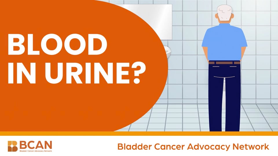 thumbnail for a bladder cancer awareness video with an animated man front side turned away at a urinal in a restroom