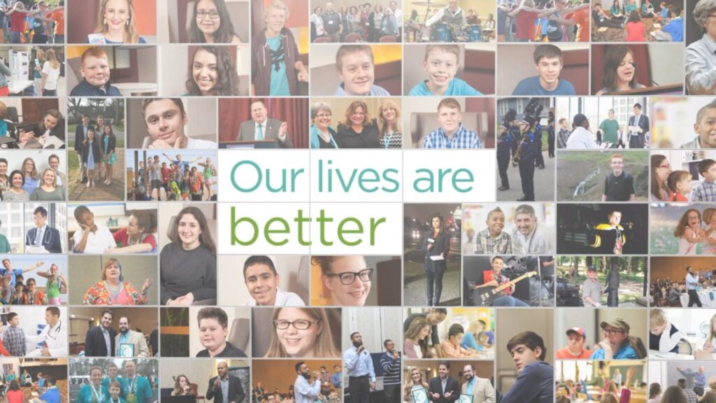 thumbnail for a nonprofit gala video showing many peoples faces and the words our lives are better