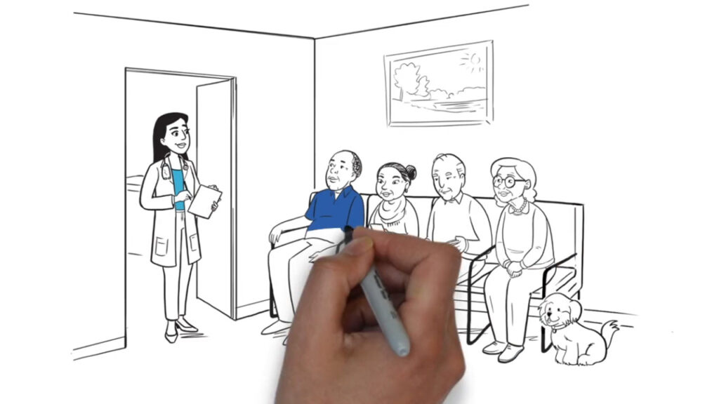 video inspiration idea of a hand animating a video showing older patients in a doctor office waiting room