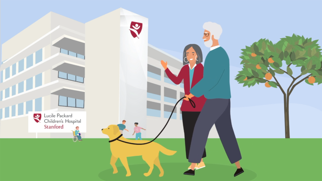 Person with dog in video production still for Packard project