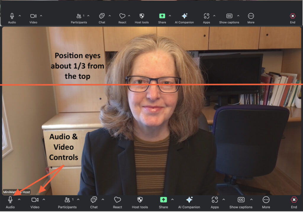 Woman in a Zoom recording showing the best position to frame a person's face on screen and video and audio controls one of 20 tips to look and sound your best in a Zoom video recording