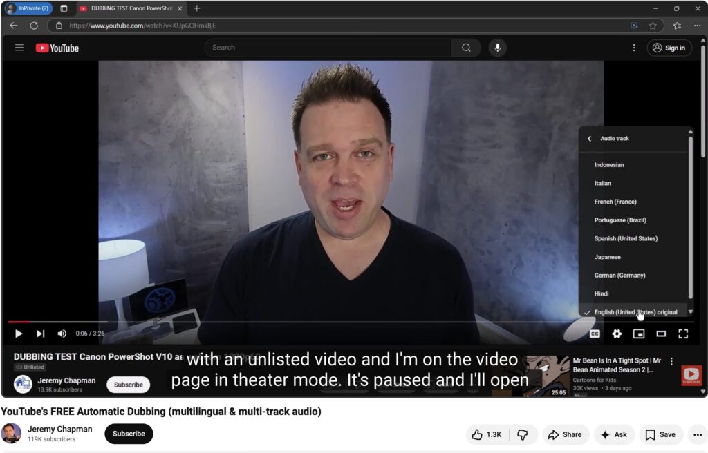 Screenshot of YouTube Channel of Jeremy Chapman showing YouTube Viewer Experience of Autodubbing