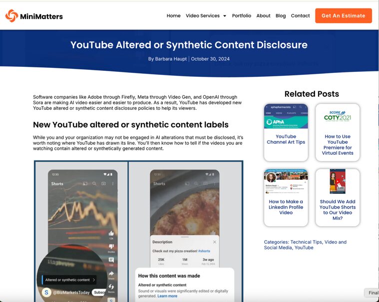 Screenshot of a 2024 MiniMatters blog post about YouTube's then-policy on altered or synthetic content disclosures for videos hosted on YouTube.
