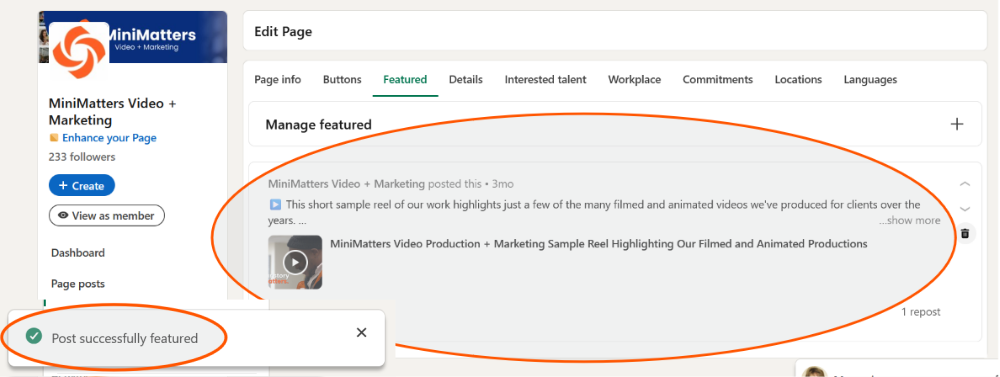 How to Feature a Video in Your Organization's LinkedIn Profile - Confirmation Screen