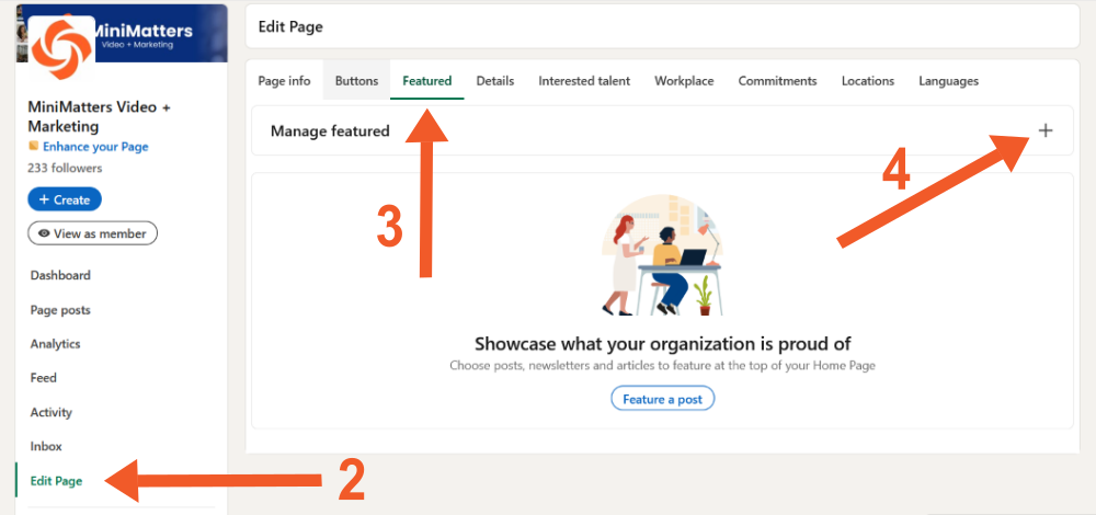 How to Feature a Video in Your Organization’s LinkedIn Profile - Navigate to Featured Tab with red arrows with 2, 3, and 4