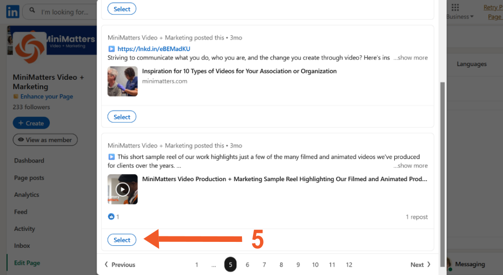 How to Feature a Video in Your Organization’s LinkedIn Profile - Select Your Video Post to Feature with red arrow and 5