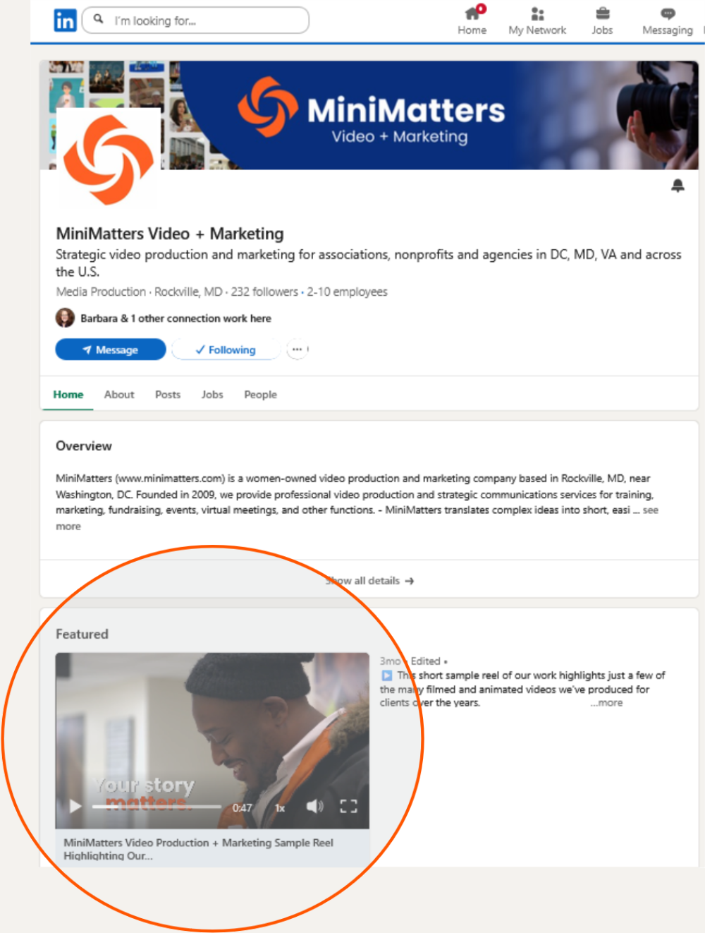 How to Feature a Video in Your Organization’s LinkedIn Profile - Video Shown in MiniMatters Featured Section with red circle around it
