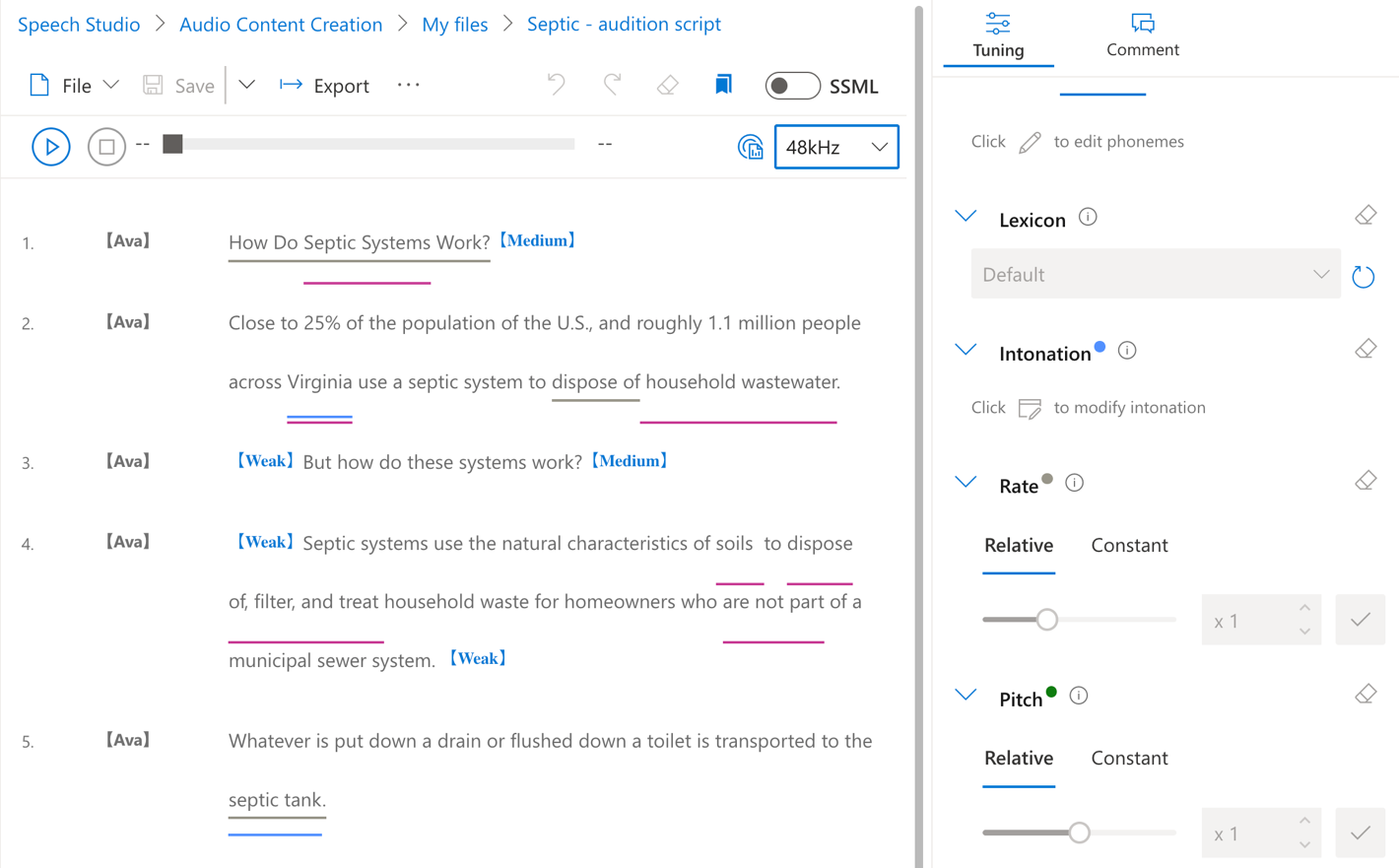 Screenshot of Microsoft Azure Speech Studio Interface